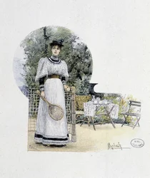 Jovem mulher num campo de ténis - gravura, final do século XIX