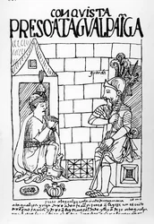 Atahualpa Inca em sua prisão em Cajamarca