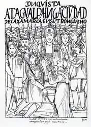 Diego de Almagro, Francisco Pizarro e frei Vicente de Valverde ajoelhados diante do inca Atahualpa em Cajamarca