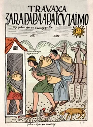 Império Inca: camponeses incas a trabalhar nos campos em Julho - desenho a tinta do manuscrito „Nueva coronica y buen gobierno” de Don Felipe Puma de Ayala, que ilustra a vida dos Incas, cerca de 1587. Lima, Museo Nacional de Antropología, Arqueología e