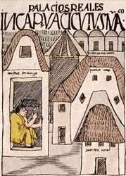 Império Inca: Templos e Palácios em Cuzco, Peru - Desenho com tinta do manuscrito "Nueva coronica y buen gobierno" de Don Felipe Puma de Ayala ilustrando a vida dos Incas, cerca de 1587 Lima, Museo Nacional de Antropologia, Arqueologia e Historia de