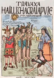 Império Inca: o início dos trabalhos de campo em agosto, ocasião de uma grande festa popular da qual participaram também os nobres - Desenho de tinta do manuscrito "Nueva coronica y buen gobierno" de Don Felipe Puma de Ayala ilustrando a vida do