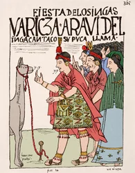 Império Inca: o sacrifício de um lama por ocasião de um rito inca - Desenho de tinta do manuscrito "Nueva coronica y buen gobierno" de Don Felipe Puma de Ayala ilustrando a vida dos Incas, cerca de 1587 Lima, Museo Nacional de Antropologia, Arqu