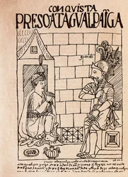 O imperador inca Atahualpa, prisioneiro dos Conquistadores em Cajamarca (desenho a tinta)