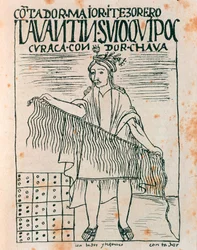Inca homem segurando um quipu: sistema de contabilidade usando cordas e nós (Desenho a tinta