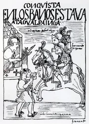 Sebastian de Benalcazar e Hernando Pizarro enfrentam Atahualpa Inca no Royal Baths em Cajamarca (xilogravura)