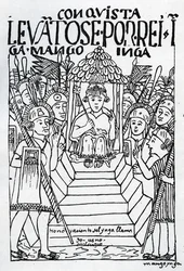 O recém-coroado Manco Inca no trono de Cuzco (xilogravura)