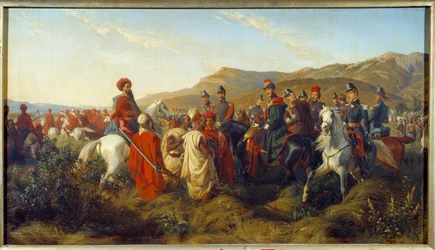 Conquete da Argélia (1830-1847): Episódio da campanha da Argélia em 1840 - o Duque de Orleans Ferdinand Philippe (Ferdinand-Philippe) (1810-1842), filho do Rei Louis Philippe (Louis-Philippe) 1º, concede liberdade a dois prisioneiros árabes perto do campo 