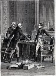 Primeira deliberação dos três cônsules no Palácio do Luxemburgo - Napoleão Bonaparte, Emmanuel Joseph Sieyès e Pierre Roger-Ducos, 1799 - Gravura de Barbant, segundo Philippoteaux - Primeiro Consulado, 24 de Frimário VIII (15 de dezembro de 1799)