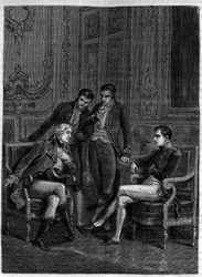 Jean-Jacques Régis de Cambacérès (1753-1824) apresenta a Bonaparte, então Primeiro Cônsul, e aos irmãos deste, Joseph e Lucien, a sua engenhosa combinação para o fazer nomear Bonaparte Cônsul vitalício, cerca de 1804 - (Cambacérès propõe a nomeação de
