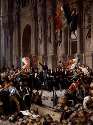 Revolução de 1848: Alphonse de Lamartine (1790 - 1869), recusando a bandeira vermelha em favor da bandeira tricolor, na Câmara Municipal. Paris, 26 de fevereiro de 1848. Pormenor de uma pintura de Henri Félix Philippoteaux (1815 - 1884), Paris, Musée du
