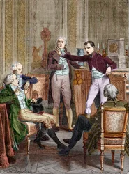 O Primeiro Cônsul Bonaparte falando com o matemático Gaspard Monge - Discussão entre Bonaparte, Primeiro Cônsul, e Gaspard Monge (1746-1818) gravada por Felix Philippoteaux (1815-1884).