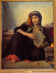 um fellah tocando pandeiro. Quadro de Auguste Felix Clement
