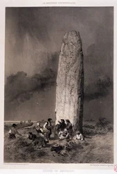 Camponeses ao redor do menir de Kergadiou (Finistere) - em "La Bretagne contemporaine", doente. por Felix Benoist, ed. Charpentier, Paris