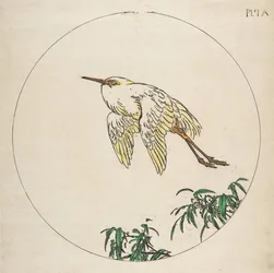 Decoração para um Prato: Uma Garça Voando Sobre Ramos de Bambu, 1850-1914.