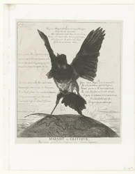 Magpie fica com asas estendidas e pena na pata em um globo com um mapa de Paris Margot la Critique (título no objeto) La Pie