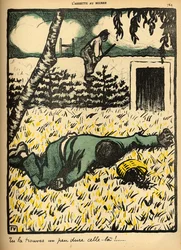 Um camponês atira em um vagabundo pego roubando ameixas de sua árvore, de "Crimes e Punições", edição especial de "L&39;Assiette au Beurre", 1 de março de 1902