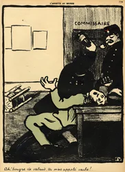 Um policial bate em um homem com uma garrafa em uma delegacia de polícia, de &39;Crimes e Punições&39;, edição especial do &39;L&39;Assiette au Beurre&39;, 1 de março de 1902