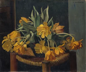 Tulipas amarelas duplas em uma cadeira de vime, 1923