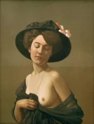 Mulher envolta num cachecol preto, chapéu preto