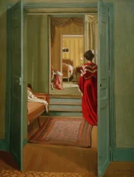 Interior com mulher em drouge de dos