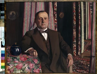 ""Retrato do colecionador de arte Georges (Georgy Emmanuilovich) Haasen"" Pintura de Felix Vallotton (1865-1925) 1913 Nabis Dim. 81,7x100,5 cm Museu Hermitage, São Petersburgo, Rússia.