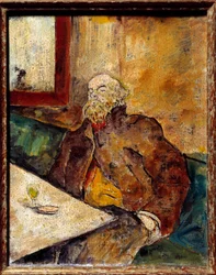 Retrato de Paul Verlaine (1844 - 1896), poeta francês, sentado no bar, em frente a um copo de absinto. Pintura atribuída a Felix Vallotton (1865-1925)