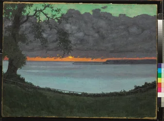 Pôr do sol num céu de graça, laranja e verde