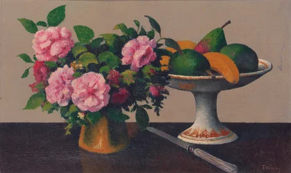Natureza morta com flores e frutas (óleo sobre tela)
