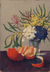 Natureza morta com flores e uma laranja (óleo sobre papelão)