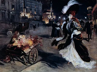 Belle Epoque: Mulher em Egrets, numa rua parisiense, à noite. Ilustração de Felix Fournery (1865-1938)