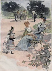 Passeio das crianças ao jardim de aclimatação de Paris em 1892. Gravura a aguarela.