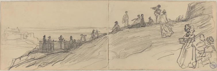 Figuras no topo de uma colina, com vista para o mar.