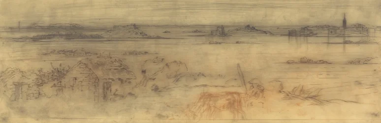 Seascape com uma cidade fortificada à direita, ilhas à esquerda e uma casa de campo em primeiro plano