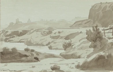 Vista na Campagna Romana com um rio em primeiro plano