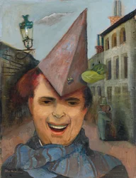 Auto-retrato com chapéu de papel e lenço azul, c.1936 (óleo sobre madeira compensada)