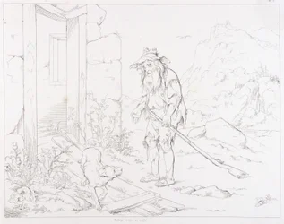 (Rip Van Winkle, ilustração) Rip regressa à sua casa em ruínas