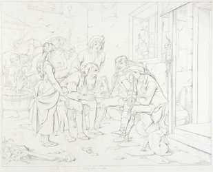 (Rip Van Winkle, ilustração) Rip a contar a sua história fabulosa
