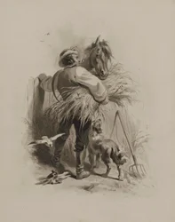 Agricultor com cavalo, cão e pombos