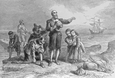 Aterrissagem dos peregrinos, 1620, gravada por A. Bollett, de &39;Harper&39;s Monthly&39;, 1857