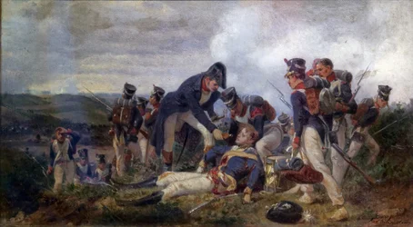 Um oficial de linha de infantaria a resgatar um tenente do 13º Regimento de Dragões Ligeiros Britânicos, 2ª metade do século XIX (óleo sobre tela)
