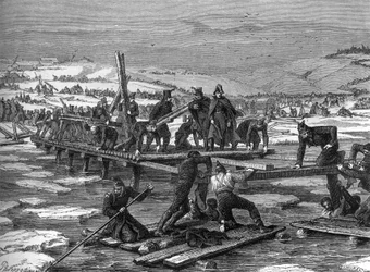 Pontoneiros do exército napoleónico atravessam o Berezina