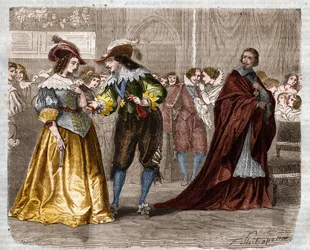 Série romana: "Os Três Mosqueteiros" de Alexandre Dumas (1802-1870). O Rei Luís XIII (1601-1643) entregou os dois furões de diamantes à sua esposa, a Rainha Ana da Áustria (1601-1666), sob o olhar do Cardeal Richelieu (1585-1642). Ilustração do Capítulo X