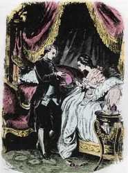 O licor da rainha inspira a caixa do colar. Desenho de Felix Philippoteaux (1815-1884) para o "Colar da Rainha" de Alexandre Dumas.