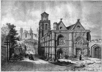 Igreja de Saint Sulpice (Saint Sulpice) de Pierrefonds no departamento de Oise na região da Picardia - Gravura de 1868 depois de um desenho de Felix de Thorigny