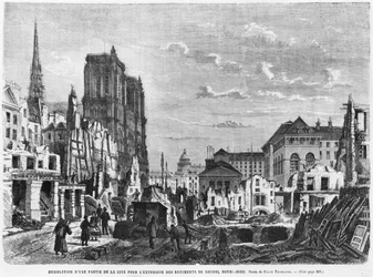 Paris, demolição de uma parte da Cité para ampliar os edifícios do novo Hotel-Dieu, gravada por Charles Barbant (d.1922)