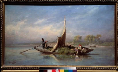 Família em um barco (Transporte de forragem em um barco à vela) - Família em um barco - Pintura de Fyodor Vasilyev (Feodor Alexandrovich, Fiodor Alexandrovitch Vasiliev (1850-1873), óleo sobre tela