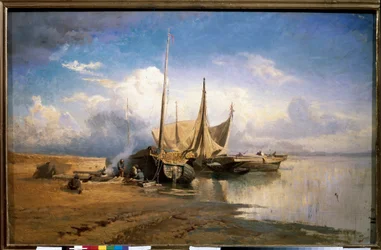Vue de la Volga, bateaux (Vista do Volga, Barcos) - Peinture de Fyodor Alexandrovich Vasilyev (Feodor Alexandrovich, Fiodor Alexandrovitch Vassiliev) (1850-1873), huile sur toile