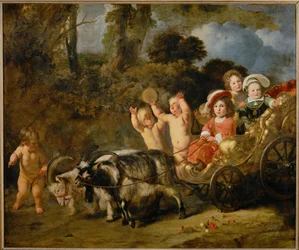 Crianças aristocráticas numa carruagem puxada por cabras (pintura sobre tela)