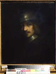 ""Retrato de um homem com capacete"" (Retrato de um homem com capacete) Pintura de Ferdinand Bol (1616-1680) Museu de Arte Estatal do século XVII, Tula, Rússia